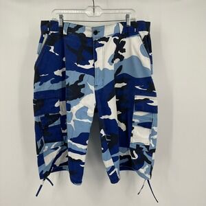 BTL Mens Y2k Camo Cargo Shorts Size 38 Utility Streetwear Baggy Skater Blue